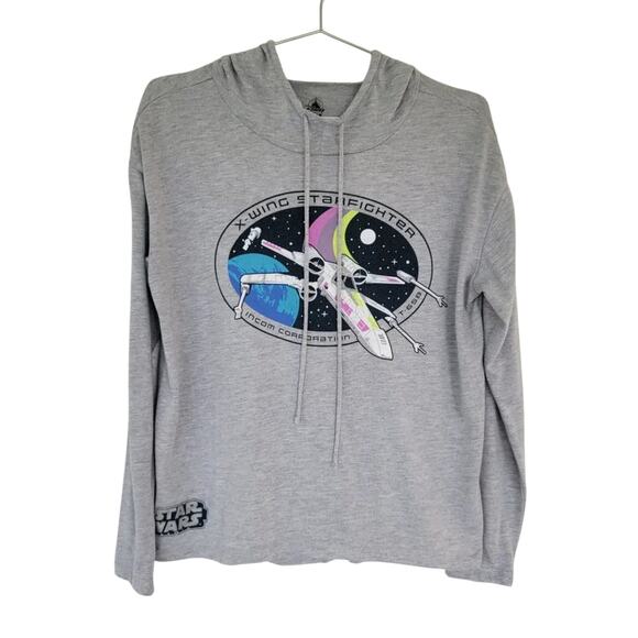 Disney X Wing Starfighter Star Wars Hooded Tee Mens Unisex Sz S Gray Long Sleeve - Picture 1 of 9